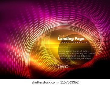 Neon glowing techno lines, hi-tech futuristic abstract background template with circles, landing page template. Vector illustration