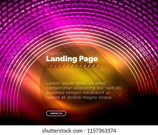 Líneas tecno brillantes neón, plantilla de fondo abstracto de alta tecnología futurista con círculos, plantilla de página de aterrizaje. Ilustración del vector