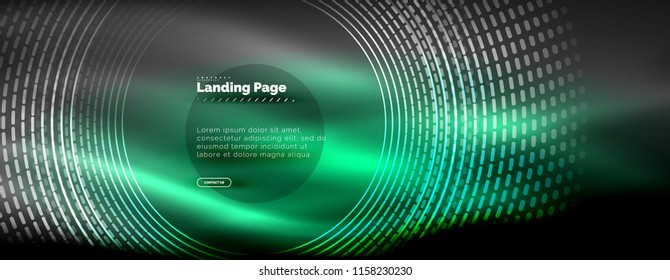 Neon glowing techno lines, hi-tech futuristic abstract background template with circles, landing page template. Vector illustration