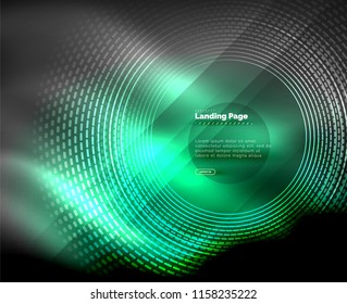 Neon glowing techno lines, hi-tech futuristic abstract background template with circles, landing page template. Vector illustration