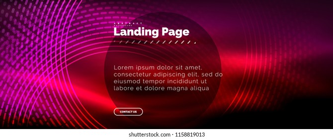 Neon glowing techno lines, hi-tech futuristic abstract background template with circles, landing page template. Vector illustration