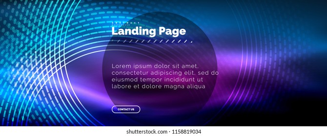 Neon glowing techno lines, hi-tech futuristic abstract background template with circles, landing page template. Vector illustration