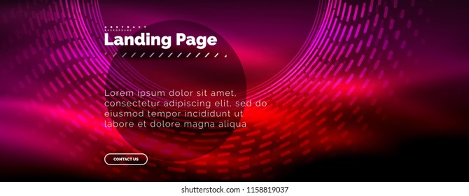 Neon glowing techno lines, hi-tech futuristic abstract background template with circles, landing page template. Vector illustration