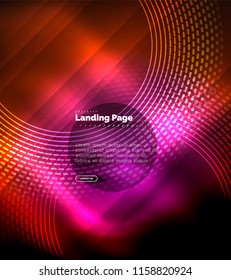 Neon glowing techno lines, hi-tech futuristic abstract background template with circles, landing page template. Vector illustration