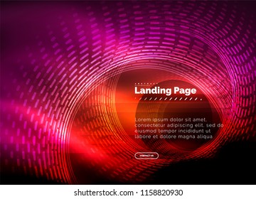 Neon glowing techno lines, hi-tech futuristic abstract background template with circles, landing page template. Vector illustration