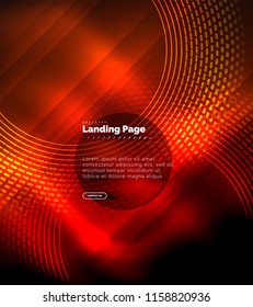 Neon glowing techno lines, hi-tech futuristic abstract background template with circles, landing page template. Vector illustration
