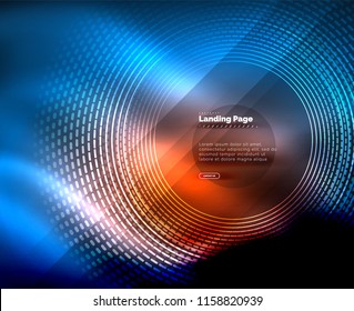 Neon glowing techno lines, hi-tech futuristic abstract background template with circles, landing page template. Vector illustration