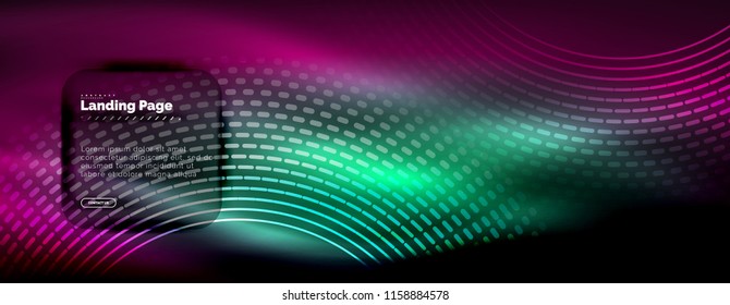 Neon glowing techno lines, hi-tech futuristic abstract background template with circles, landing page template. Vector illustration