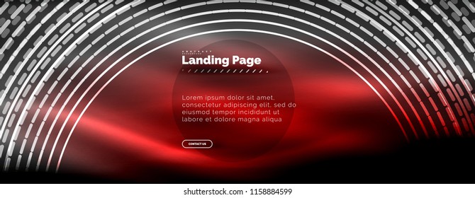 Líneas tecno brillantes neón, plantilla de fondo abstracto de alta tecnología futurista con círculos, plantilla de página de aterrizaje. Ilustración del vector