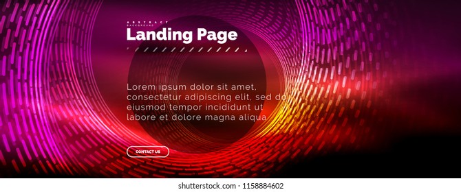 Neon glowing techno lines, hi-tech futuristic abstract background template with circles, landing page template. Vector illustration