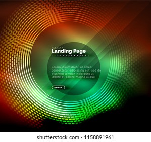 Líneas tecno brillantes neón, plantilla de fondo abstracto de alta tecnología futurista con círculos, plantilla de página de aterrizaje. Ilustración del vector