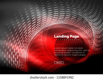 Líneas tecno brillantes neón, plantilla de fondo abstracto de alta tecnología futurista con círculos, plantilla de página de aterrizaje. Ilustración del vector