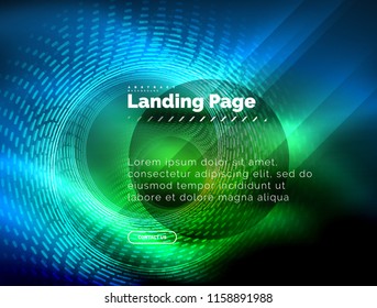 Neon glowing techno lines, hi-tech futuristic abstract background template with circles, landing page template. Vector illustration