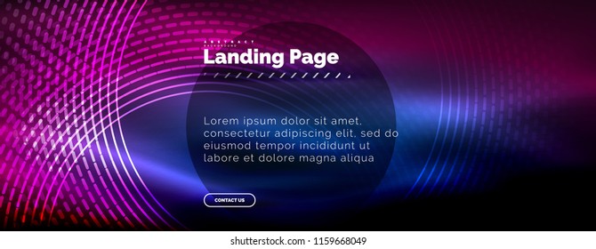 Líneas tecno brillantes neón, plantilla de fondo abstracto de alta tecnología futurista con círculos, plantilla de página de aterrizaje. Ilustración del vector