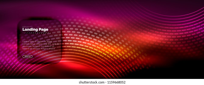 Neon glowing techno lines, hi-tech futuristic abstract background template with circles, landing page template. Vector illustration