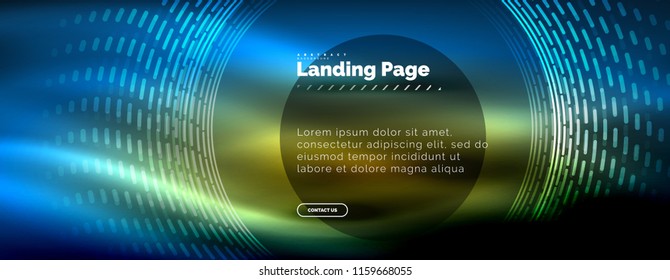 Líneas tecno brillantes neón, plantilla de fondo abstracto de alta tecnología futurista con círculos, plantilla de página de aterrizaje. Ilustración del vector