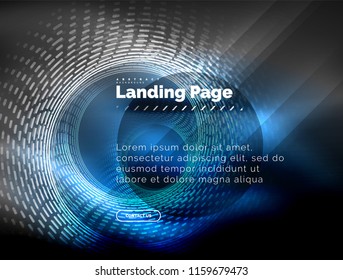 Neon glowing techno lines, hi-tech futuristic abstract background template with circles, landing page template. Vector illustration