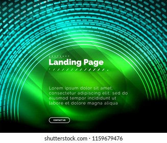 Líneas tecno brillantes neón, plantilla de fondo abstracto de alta tecnología futurista con círculos, plantilla de página de aterrizaje. Ilustración del vector