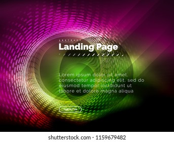 Neon glowing techno lines, hi-tech futuristic abstract background template with circles, landing page template. Vector illustration