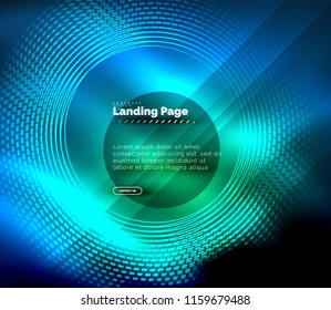 Líneas tecno brillantes neón, plantilla de fondo abstracto de alta tecnología futurista con círculos, plantilla de página de aterrizaje. Ilustración del vector
