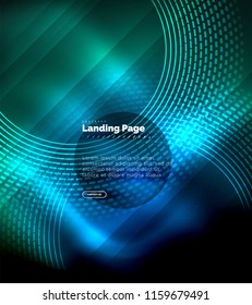 Neon glowing techno lines, hi-tech futuristic abstract background template with circles, landing page template. Vector illustration