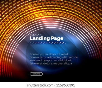 Neon glowing techno lines, hi-tech futuristic abstract background template with circles, landing page template. Vector illustration