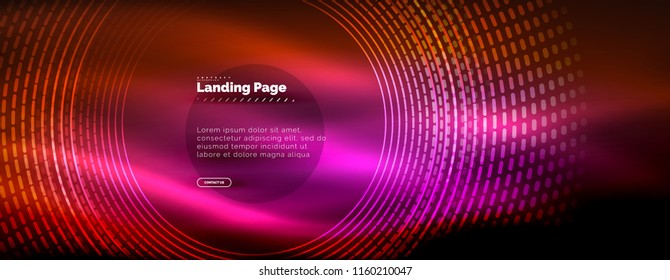 Neon glowing techno lines, hi-tech futuristic abstract background template with circles, landing page template. Vector illustration