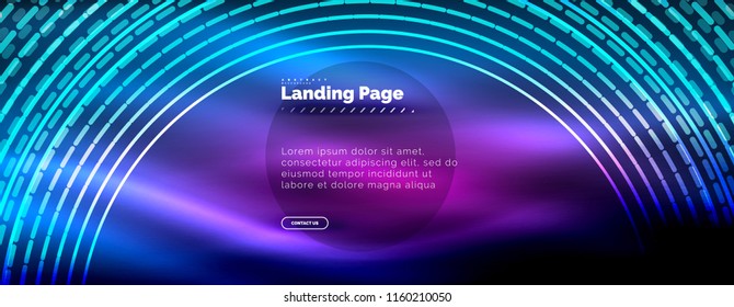 Neon leuchtende Techno-Linien, High-Tech-futuristische abstrakte Hintergrund-Vorlage mit Kreisen, Landing Page Template. Vektorgrafik