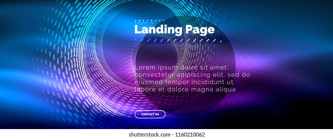 Neon glowing techno lines, hi-tech futuristic abstract background template with circles, landing page template. Vector illustration