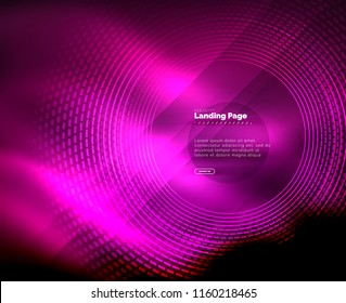 Neon glowing techno lines, hi-tech futuristic abstract background template with circles, landing page template. Vector illustration