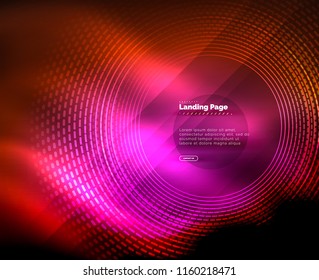 Neon glowing techno lines, hi-tech futuristic abstract background template with circles, landing page template. Vector illustration