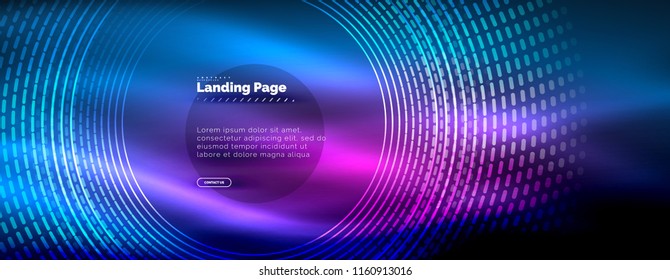 Neon glowing techno lines, hi-tech futuristic abstract background template with circles, landing page template. Vector illustration