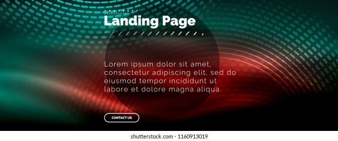 Neon glowing techno lines, hi-tech futuristic abstract background template with circles, landing page template. Vector illustration