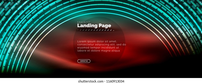 Neon leuchtende Techno-Linien, High-Tech-futuristische abstrakte Hintergrund-Vorlage mit Kreisen, Landing Page Template. Vektorgrafik