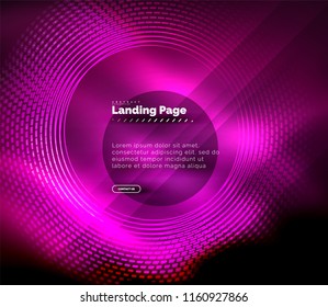 Neon glowing techno lines, hi-tech futuristic abstract background template with circles, landing page template. Vector illustration