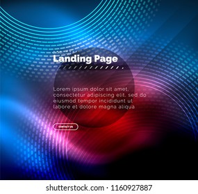Líneas tecno brillantes neón, plantilla de fondo abstracto de alta tecnología futurista con círculos, plantilla de página de aterrizaje. Ilustración del vector