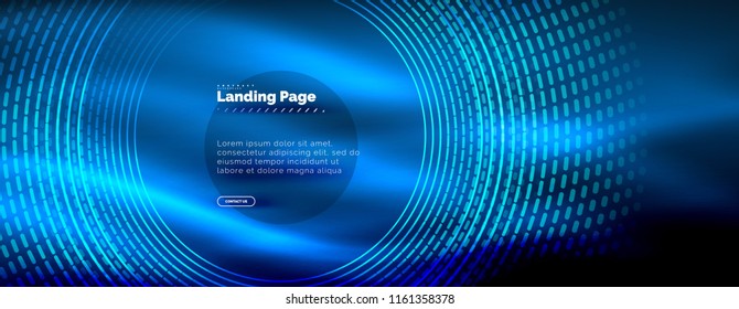 Neon glowing techno lines, hi-tech futuristic abstract background template with circles, landing page template. Vector illustration