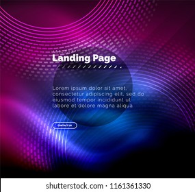 Neon glowing techno lines, hi-tech futuristic abstract background template with circles, landing page template. Vector illustration