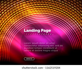 Líneas tecno brillantes neón, plantilla de fondo abstracto de alta tecnología futurista con círculos, plantilla de página de aterrizaje. Ilustración del vector