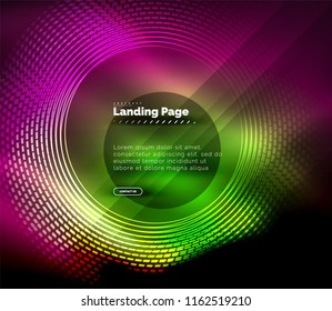 Neon glowing techno lines, hi-tech futuristic abstract background template with circles, landing page template. Vector illustration