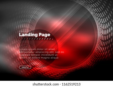 Neon glowing techno lines, hi-tech futuristic abstract background template with circles, landing page template. Vector illustration