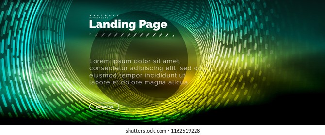 Neon glowing techno lines, hi-tech futuristic abstract background template with circles, landing page template. Vector illustration