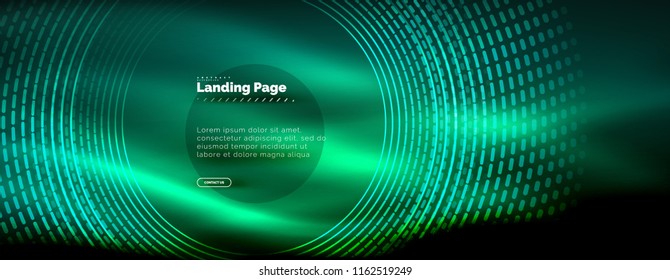 Neon glowing techno lines, hi-tech futuristic abstract background template with circles, landing page template. Vector illustration