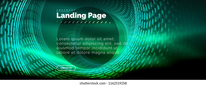 Líneas tecno brillantes neón, plantilla de fondo abstracto de alta tecnología futurista con círculos, plantilla de página de aterrizaje. Ilustración del vector
