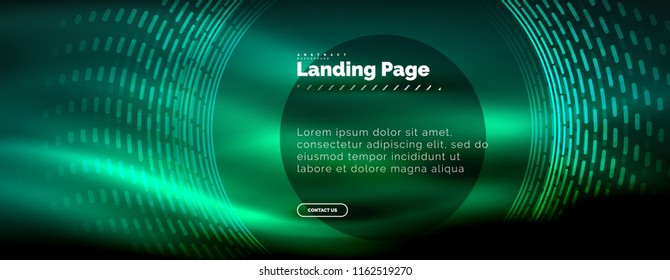 Neon glowing techno lines, hi-tech futuristic abstract background template with circles, landing page template. Vector illustration