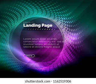 Líneas tecno brillantes neón, plantilla de fondo abstracto de alta tecnología futurista con círculos, plantilla de página de aterrizaje. Ilustración del vector