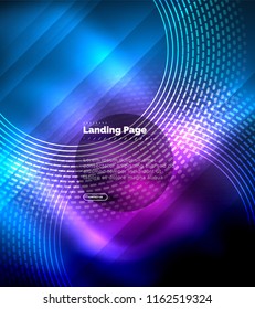 Neon glowing techno lines, hi-tech futuristic abstract background template with circles, landing page template. Vector illustration