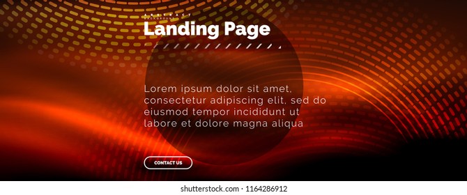 Neon glowing techno lines, hi-tech futuristic abstract background template with circles, landing page template. Vector illustration