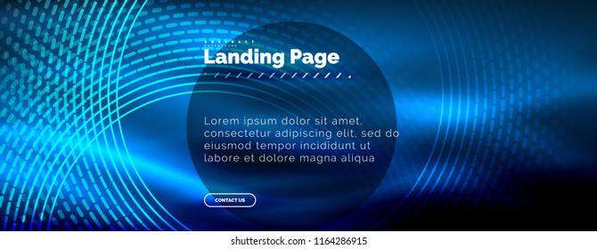 Neon glowing techno lines, hi-tech futuristic abstract background template with circles, landing page template. Vector illustration