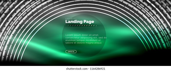 Neon glowing techno lines, hi-tech futuristic abstract background template with circles, landing page template. Vector illustration